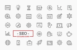 Search Engine Optimization Vector Outline Icons. SEO Elements.