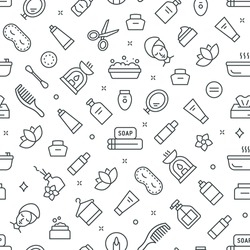 Self care seamless pattern with outline icons of daily beauty and hygienic activities. Tiled texture background