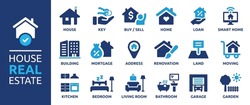 House or Real estate icon set. Containing house, key, buy, sell, loan, smart home, building, mortgage, address, renovation, land, kitchen, bedroom, living room, bathroom. Solid icon vector collection.