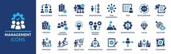 Business or organisation management icon set. Containing manager, teamwork, strategy, marketing, business, planning, training, employee icons. Solid icons vector collection.