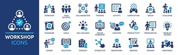 Workshop icon set. Containing team building, collaboration, teamwork, coaching, problem-solving and education icons. Solid icon collection.