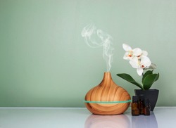 Electric Essential oils Aroma diffuser, oil bottles and flowers on light green surface with reflection.