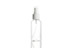 Sanitizer bottle. Empty clear plastic pump container for antiseptic gel, cosmetic soap and mineral shampoo isolated on white. Water cap blank spray on transparent background.
