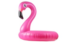 Pink inflatable flamingo for summer beach isolated on white background. Pool float party.