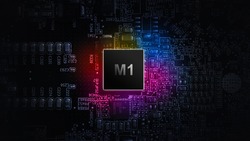 M1 processor chip. Network digital technology with computer cpu chip on dark motherboard background. Protect personal data and privacy from hacker cyber attack