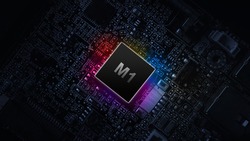 M1 processor chip. Digital computer processor, network motherboard chip on dark technology background. Modern technologies concept