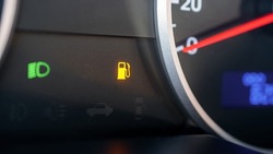 Gas gauge fuel empty. Petrol tank meter car indicator on dashboard. Low gasoline level. Fuel gauge gas