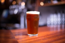 Low angle close up perspective of traditional tumbler pint shape beer glass filled with golden malt and hoppy India pale ale with foam head on wood counter top bar with blurry restaurant background