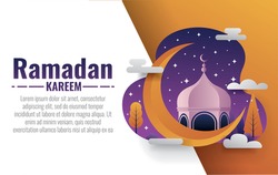 Happy ramadan mubarak greeting concept with people character for web landing page template. Suitable for web landing page, ui, mobile app, banner template. flat cartoon vector illustration.