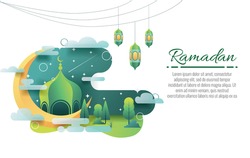 Happy ramadan mubarak greeting concept with people character for web landing page template. Suitable for web landing page, ui, mobile app, banner template. flat cartoon vector illustration.
