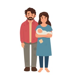 young poor family concept, father, mother and baby in poor condition, hungry and dirty family, refugee concept vector illustration