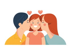 mom and dad kiss their daughter's cheeks with love, vector drawing concept of love and affection for a happy family 