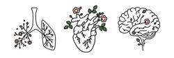 Mental health. Blooming heart lungs and brain line icon.  Mind concept. Love Life New Page. Vector illustration
