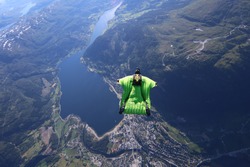 wingsuit flying over Voss, Norway
