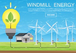 Green energy, a house that feeds energy from windmills. Wind power generates energy for an environmentally friendly life, Vector illustration of flat