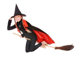 Little girl in costume Halloween witch in black dress and hat fly on broom.Isolated.