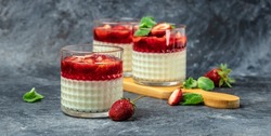 Italian dessert Panna Cotta with jelly strawberries and mint. Long banner format.