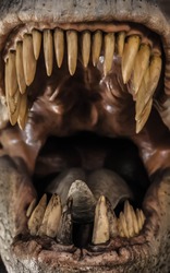 Tyrannosaurus rex mouth with teeth. Scary photography