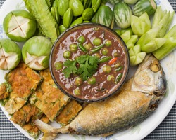 Shrimp Paste Chilli Sauce (Nam Prik Ka Pi) serve with Fried Indian Mackerel, Thai Food