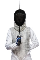 Portrait of Young woman fencer wearing mask and white fencing costume and holding the sword in front of her. Isolated on White Background