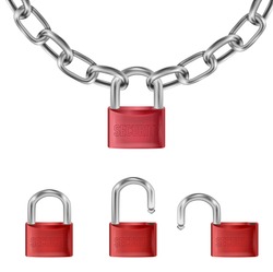 realistic red lock on Metal chain links, open lock and open with the inscription security. Length of Chain Isolated on White Background