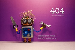 404 error page not found. Serviceman robot hand wrench and saw, purple wall background. Text message Something went wrong but we are working on it