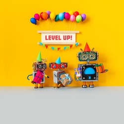 Level up. Funny birthday or excellent result, grand business achievement motivation poster. Congratulation greeting card with toy robots, gifts, presents. Bright festive banner decorated with balloons