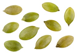 Pumpkin seeds isolated on white, top view