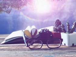 Eyeglasses,Cactus in small pots,blur Book page rolls,like shaped heart on wood table,blur beautiful Solar halo on bright sky and green leaves background,as outside view,with lens flare,selective focus