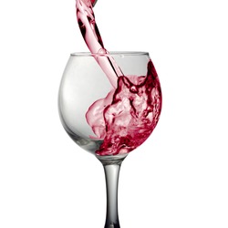 Red liquid, water, cherry juice, strawberry juice, red wine pouring into a glass, liquid in a speaker, isolated on a white background
