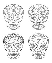 Black and white Mexican  sugar skull coloring page line art set