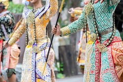 Close up to the custume of The performance Thai traditional drama story Khon epic, Ramakien or Ramayana.