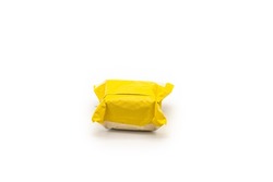 Isolated Yellow Postal Package from shopping online, is delivered to the buyer. It's shot in the studio light in front of white background