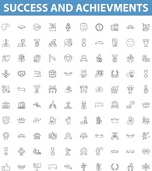 Success and achievments line icons, signs set. Achievement, Success, Accomplishment, Prize, Triumph, Victory, Honor, Fruition, Aspiration outline vector illustrations.
