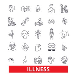 Illness,affliction, ailment, sickness, disease, unwell, unhealthy, breakdown line icons. Editable strokes 