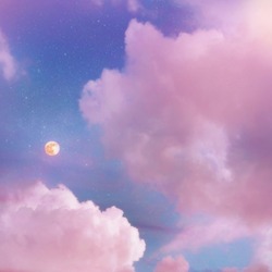 Pink sunset clouds sky with full moon and stars. Dream magic evening sky with moon clouds. Blue hours sky