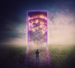Confident man standing in front of a giant gate, neon portal leading to another reality. Magic tunnel entrance glowing ultraviolet. Space and time travel, teleportation door, mystic surreal scene.