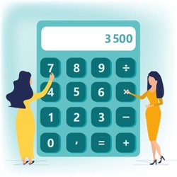Calculator. Financial calculations, accountant. Accounting, bookkeeping, audit debit and credit calculations. Business woman in long dress standing near big calculator. Business concept in flat style.