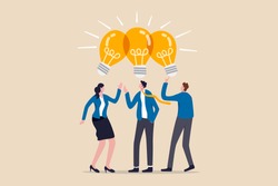 Sharing business ideas, collaboration meeting, sharing knowledge, teamwork or people thinking the same idea concept, smart thinking businessmen people office workers team up share lightbulb lamp idea.