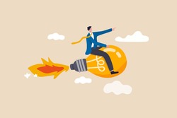 Creative new idea, innovation start up business or inspiration to achieve success goal concept, happy smart businessman leader riding flying bright lightbulb lamp with rocket booster in the cloud sky.
