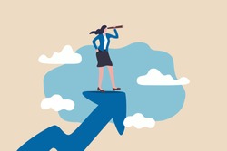 Woman leader with lady power business vision, woman visionary to see business opportunity concept, success businesswoman standing on top of rising arrow with telescope or spyglass to see future vision