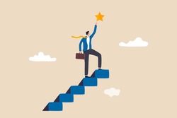 Hope to success in business, accomplishment or reaching business goal, reward and motivation concept, smart confident businessman climb up stair to the top to reaching to grab precious star reward.