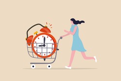 Buying time to delay or gain more time to do something, time is money, young adult woman buying time with big alarm clock in shopping cart trolley.