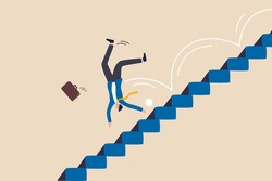 Business risk, mistake or failure, challenge or problem and difficulty, accident causing bankruptcy concept, misfortune businessman fall down stairs in economic crisis or career stumble.