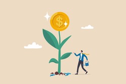 Financial or investment growth, increase earning profit and capital gain, success in wealth management concept, smart businessman investor finish watering growing money plant seedling with coin flower