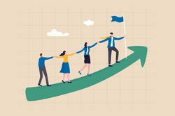 Teamwork cooperate together to achieve target, leadership to build team walking up rising growth arrow, career development concept, businessman leader holding hand with employee walking up arrow graph