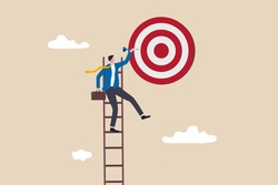 Success ladder, aspiration to achieve target, business goal or work purpose, aim for perfection concept, businessman climb up ladder high into the sky to aiming for perfect bullseye target dartboard.