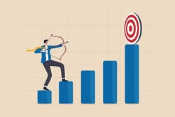 Business challenge to achieve higher target, ambition and aspiration to improve or aiming for success goal concept, confidence businessman aiming his bow arrow to top of high performance target.