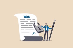 NDA, Non disclosure agreement contract signing, legal confidential document for working employee acknowledge concept, confidence businessman holding signing pen with NDA locked with padlock document.