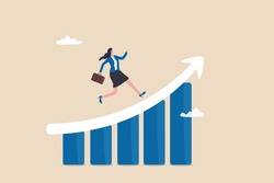 Work improvement, career growth or performance to achieve success, progress or challenge concept, businesswoman running up rising arrow on performance improvement bar graph.